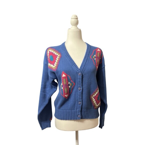 🔥 VINTAGE MERONA Y2K Intarsia Cardigan Folk Diamonds S GUC ! 🔥 - Picture 1 of 12